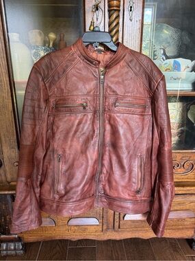 Majestic Leather Biker Motorcycle Distressed Brown Cafe Racer Jacket Excellent.
